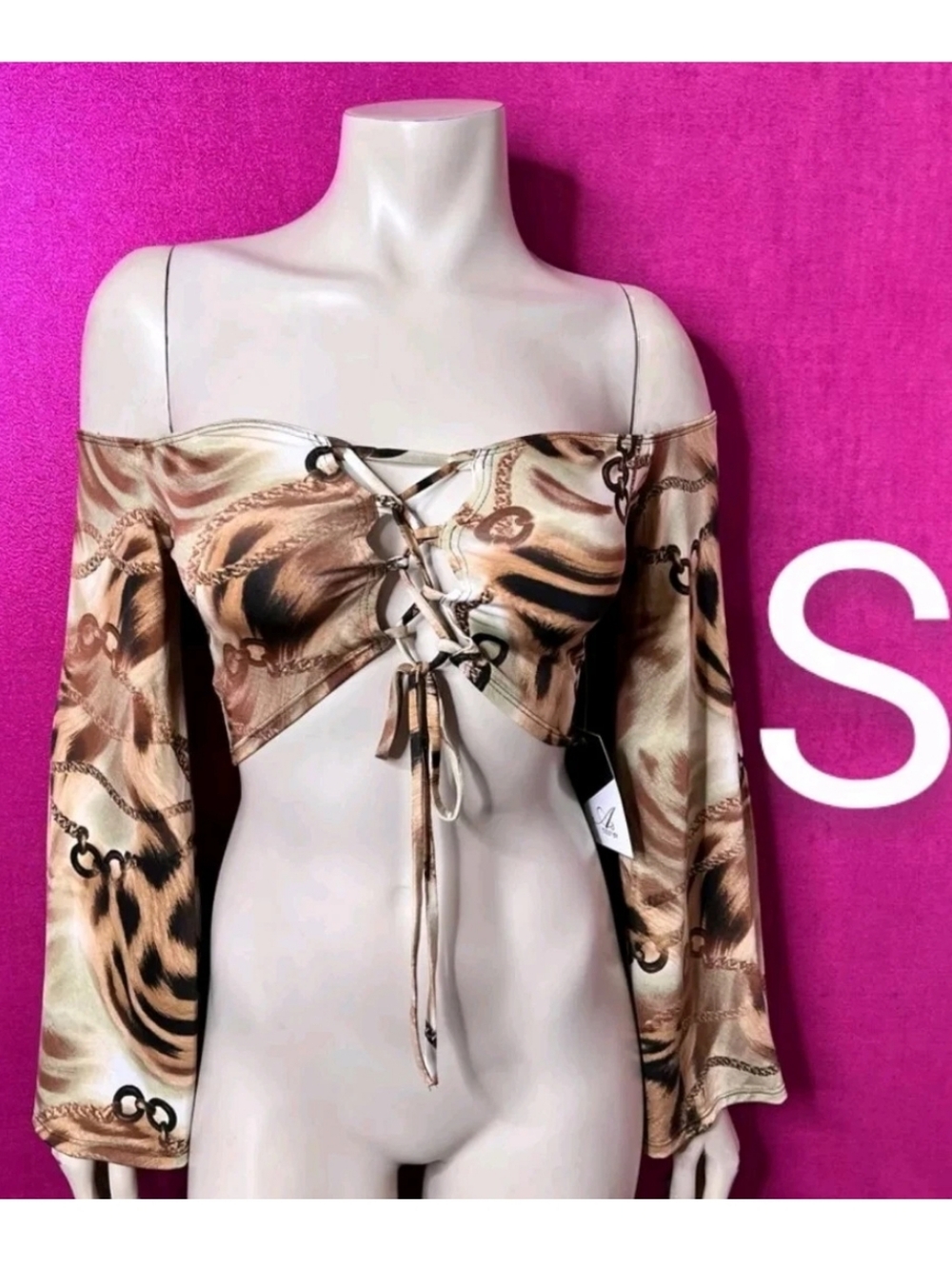 🆕Sexy Off Shoulder Design Print Lace UpCrop Top Size S